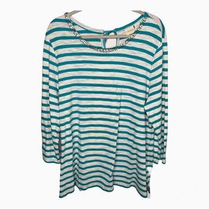 Chico's Womens Top XXL 4 Teal White Striped Rhinestone Embellished V Neck Tunic
